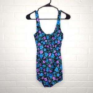 Vintage Maxine of Hollywood Blue Purple Floral Print Pin-Up One Piece Swimsuit